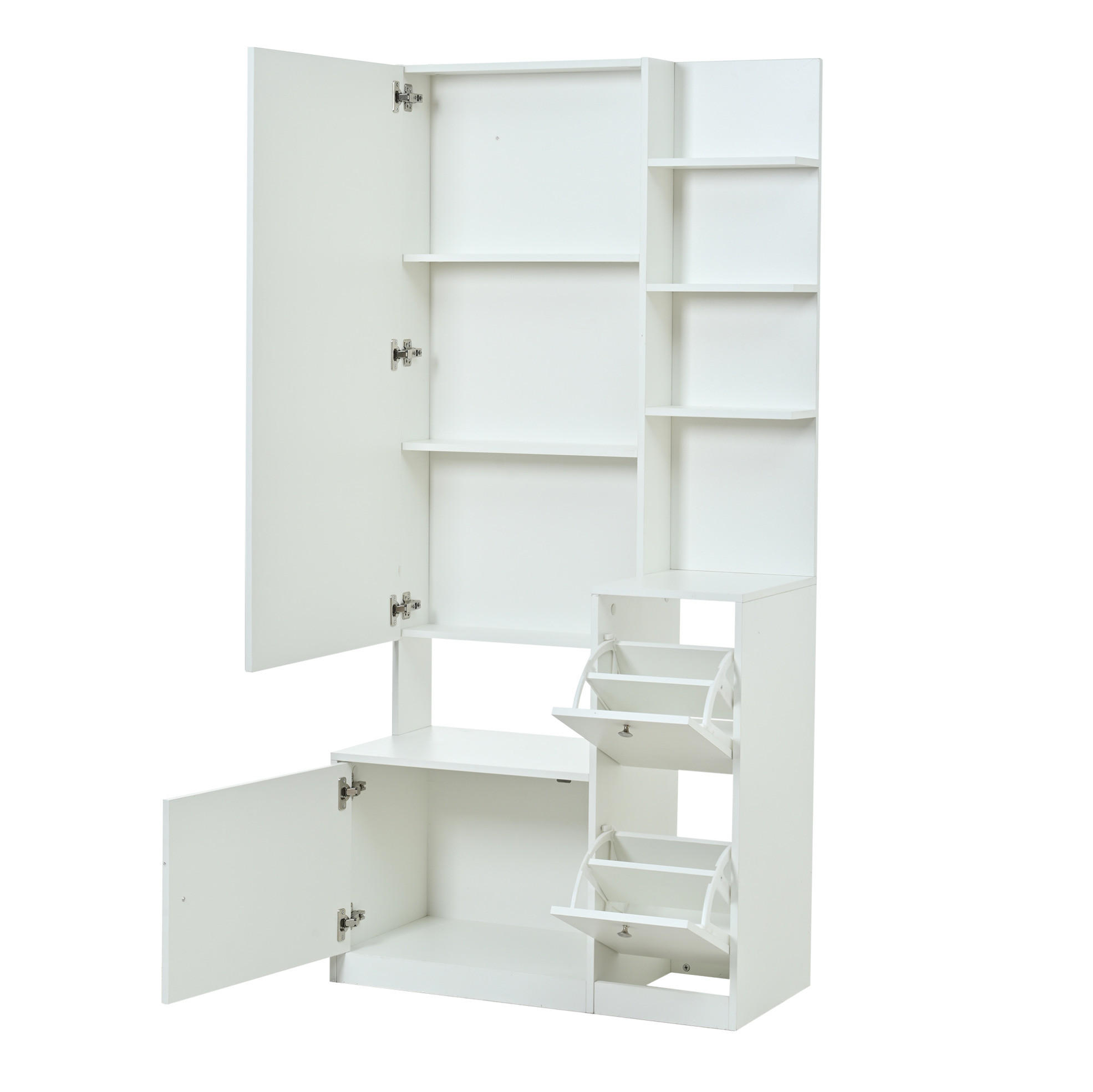 FLURSCHRANK 85/40/180 cm mit Spiegel, 2 Schuhschränken, 5 offenen Ablagen und Spanplatte, Weiß - Weiß, Holzwerkstoff (85/180/40cm) - Redom