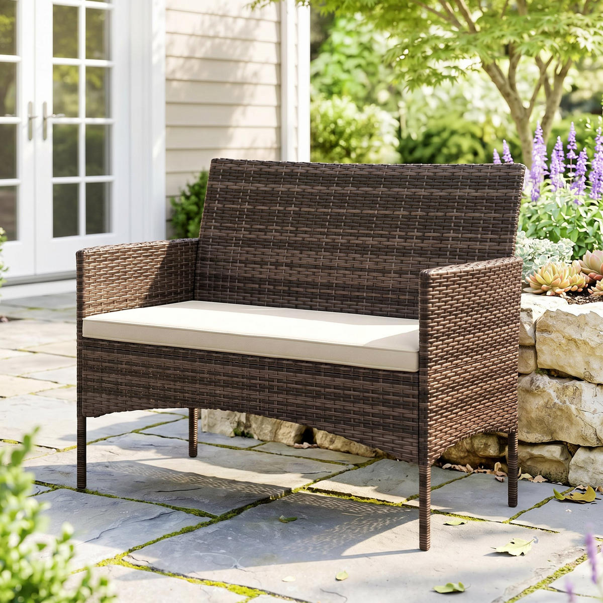 GARTENSOFA DE-06605 2-Sitzer, wetterfest mit Polster & Anti-Rutsch Khaki - Taupe, Kunststoff/Metall (63/85/115cm) - ComfortXL