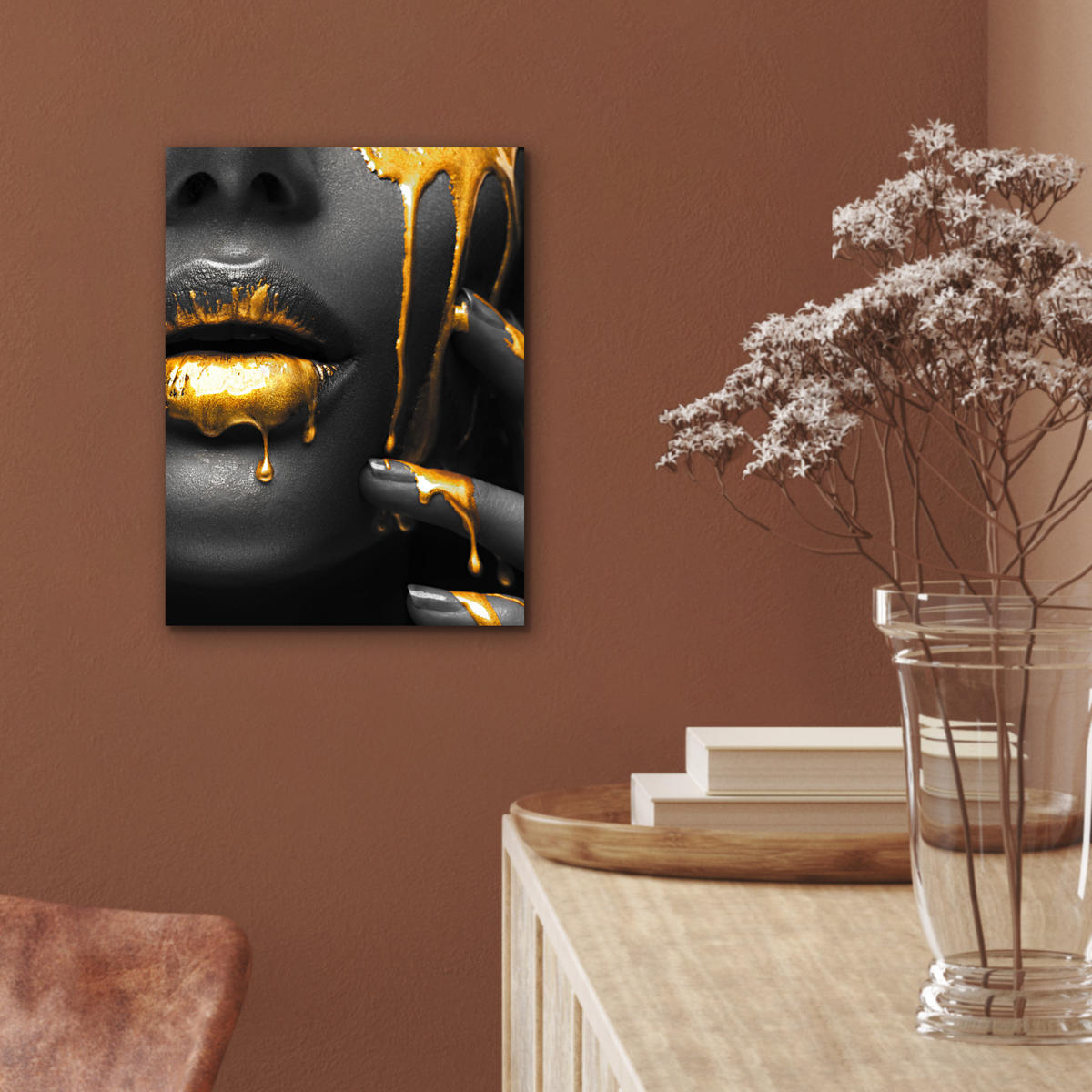 METALLBILD Frau - Schwarz - Gold - Gesicht - Lippen 30x40 cm - Goldfarben, Metall (30/40cm) - MuchoWow