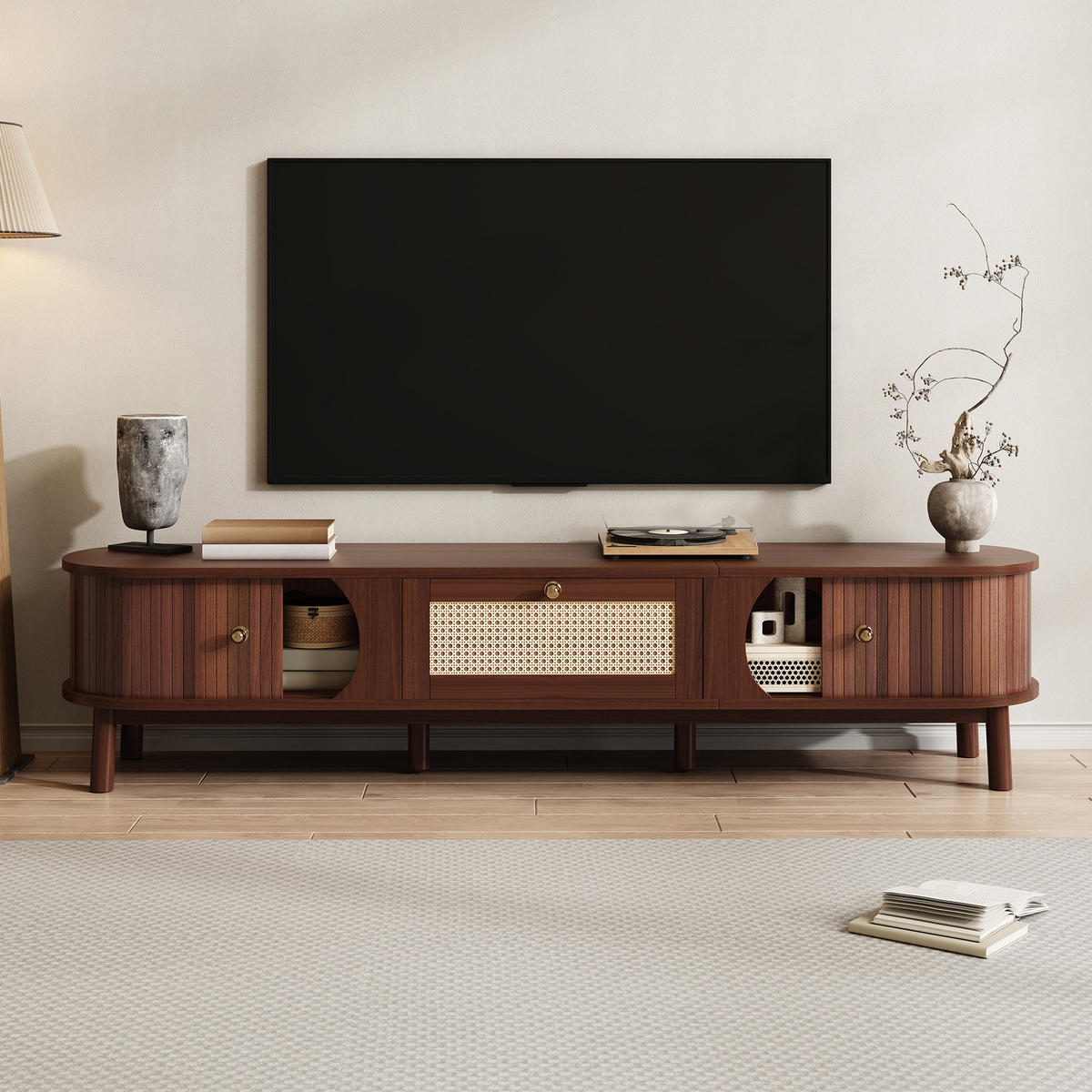 TV-LOWBOARD aus Massivholz, Spanplatte und Rattan 170x39,5x38 cm in Holzfarbe und Hellgelb - Eichefarben, Holzwerkstoff (170/38/39.5cm) - IVMEU