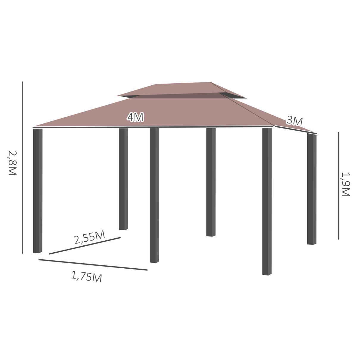 PAVILLON, Khaki, Stahl, Polyester-Gewebe - Braun, Metall (400/280/300cm) - Outsunny