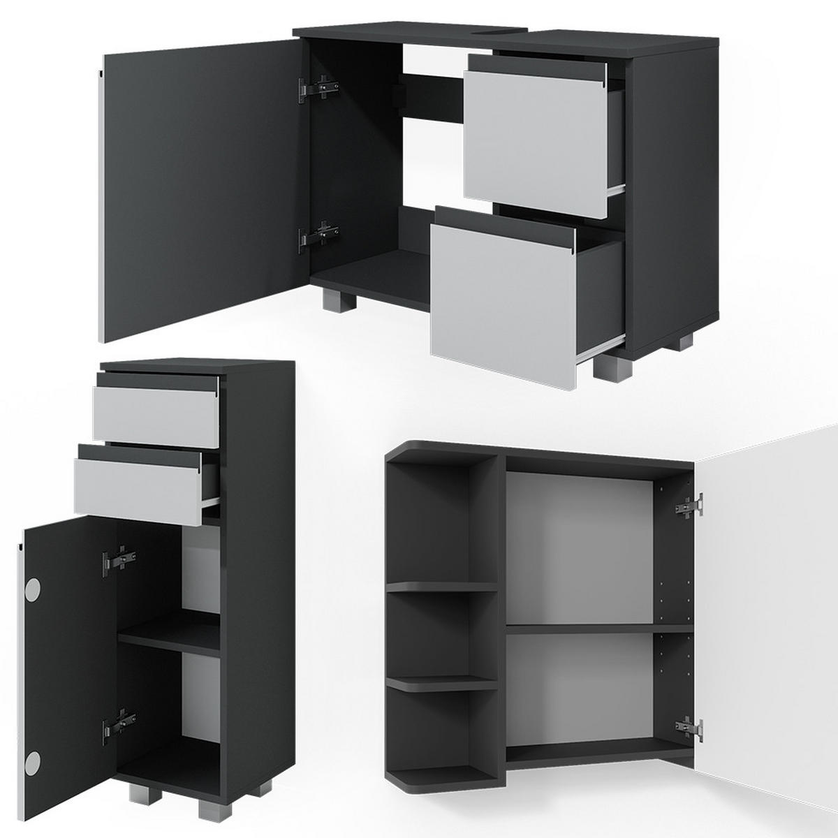 BADMÖBEL-SET J-Shape Anthrazit 3 Teile, mit Midischrank - Anthrazit/Weiß, Holzwerkstoff (80/60/33cm) - Vicco