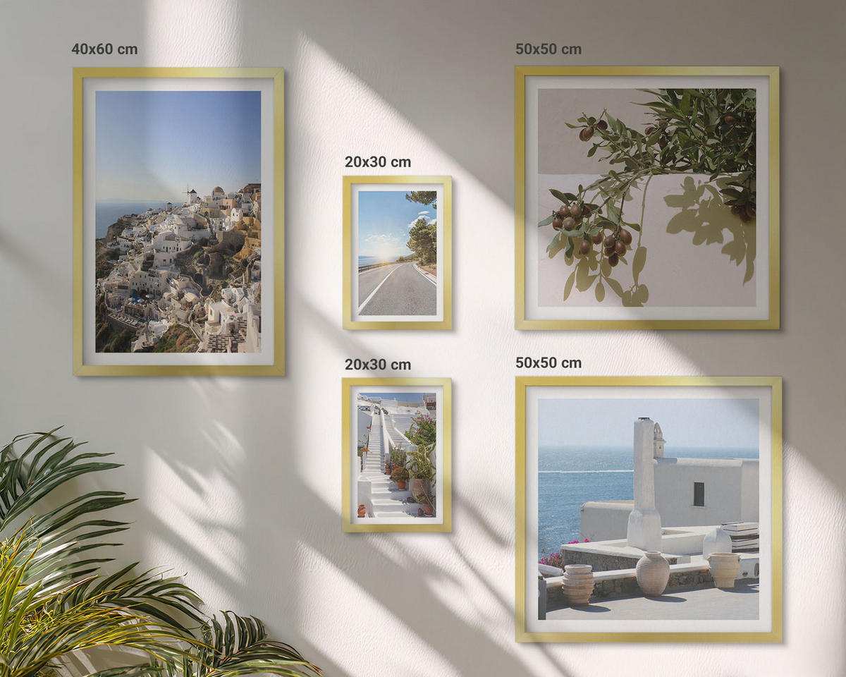 BILDER SET 5er Set - 50x50 cm & 20x30 cm & 40x60 cm Goldrahmen - Weiße Treppe mit Blick auf Santorini - Goldfarben, Kunststoff (40/60cm) - TULUP