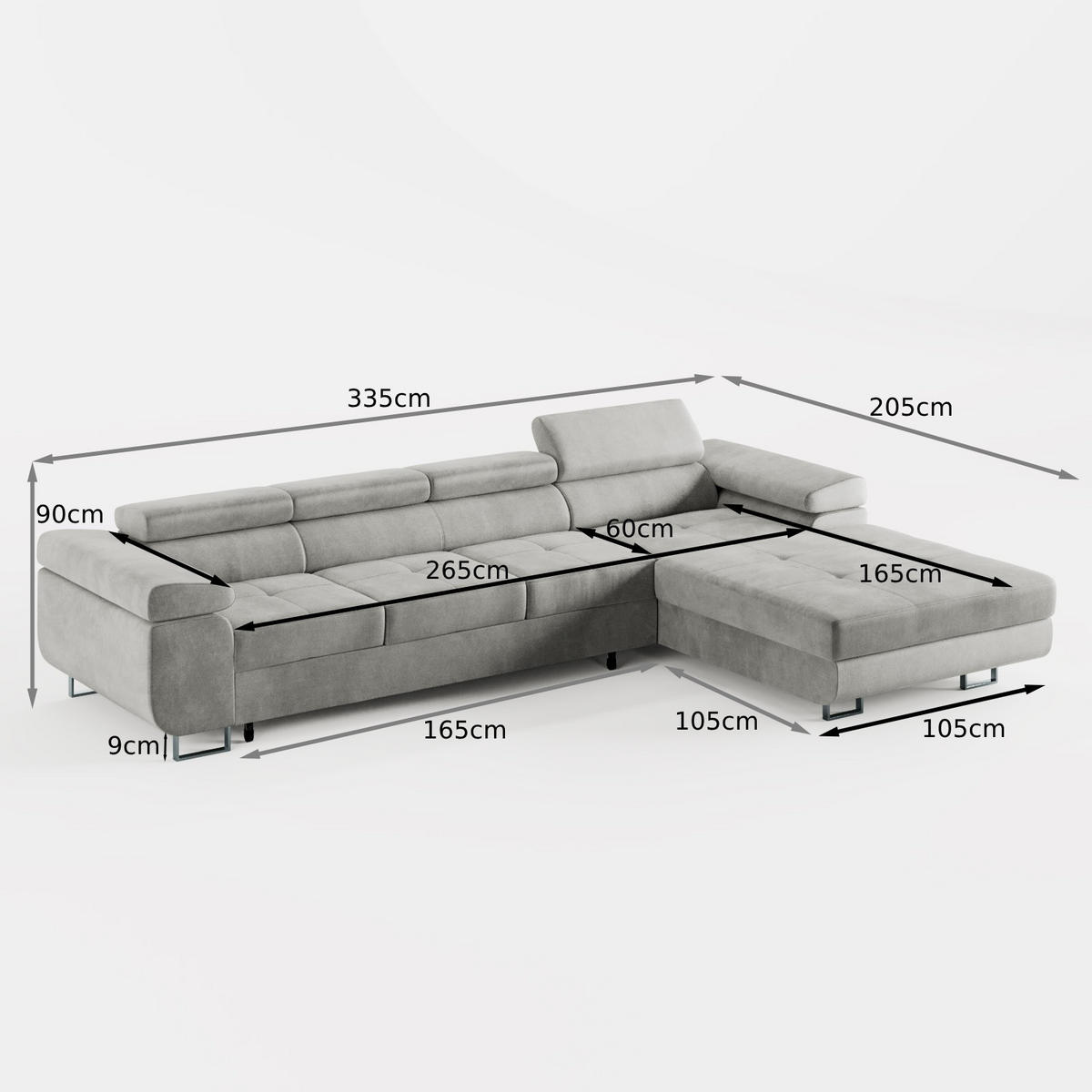 ECKSOFA VEMO CORE PLUS Rechts Schwarz Velours-Stoff mit Schlaffunktion und Bettkasten - Schwarz, Holz/Metall (335/205cm) - Barchello