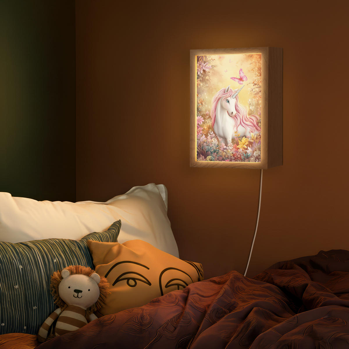 NÁSTĚNNÁ LAMPA Jednorožec - Květiny - Motýl - Růžová 20x30 cm - béžová, kompozitní dřevo (20/30/8cm) - OnlyWow
