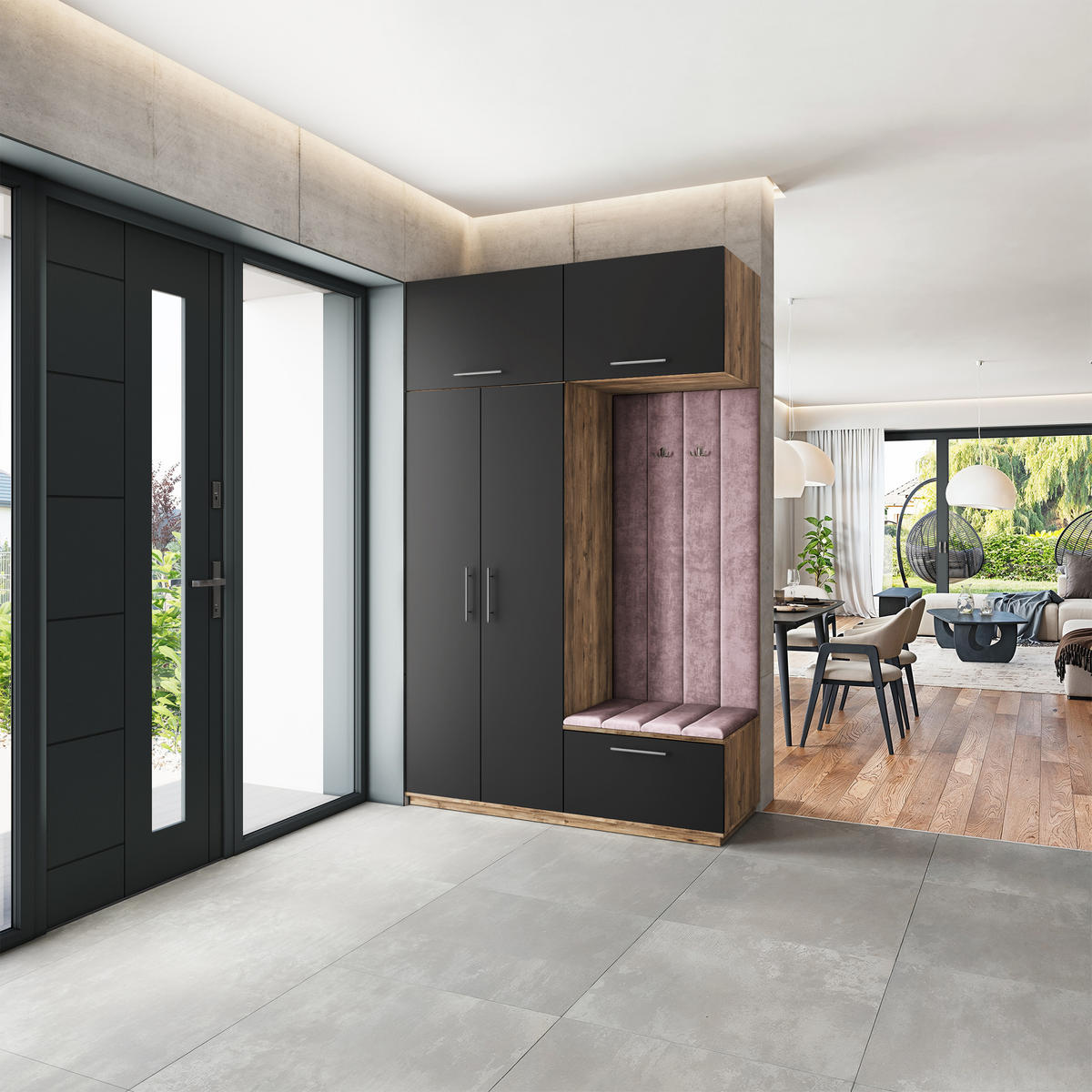 GARDEROBENSCHRANK REMA 150/240/60 cm Modern Garderobe-Set Eiche Lefkas - Eichefarben/Lila, Holzwerkstoff (150/240/60cm) - MASSENO