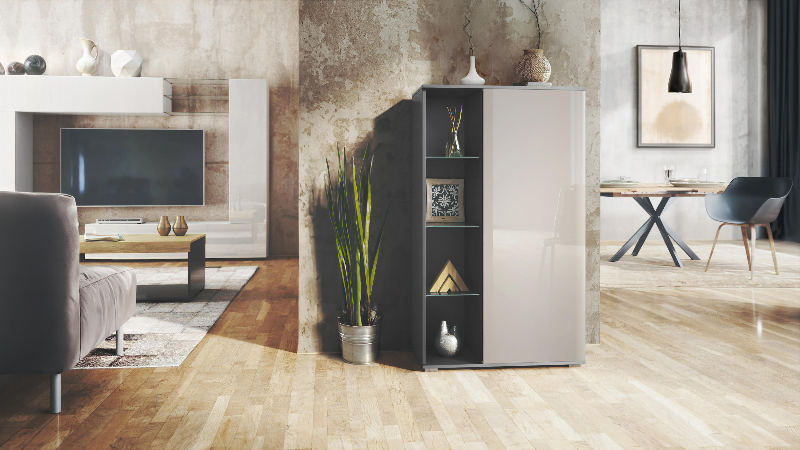 VITRINE Davos Sandgrau Hochglanz - Sandfarben, Holzwerkstoff (71.5/134/35cm) - Vladon