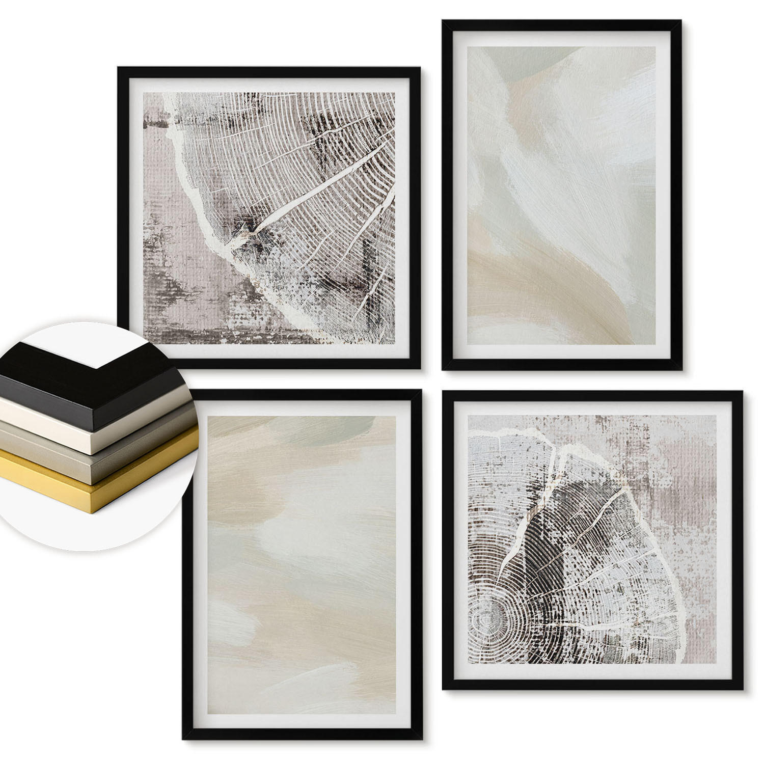 WANDBILDER 4er-Set - 50x50 cm & 40x60 cm Schwarzer Rahmen - Minimalismus der Farbstruktur - Schwarz, Kunststoff (50/50cm) - ArtPrintCave