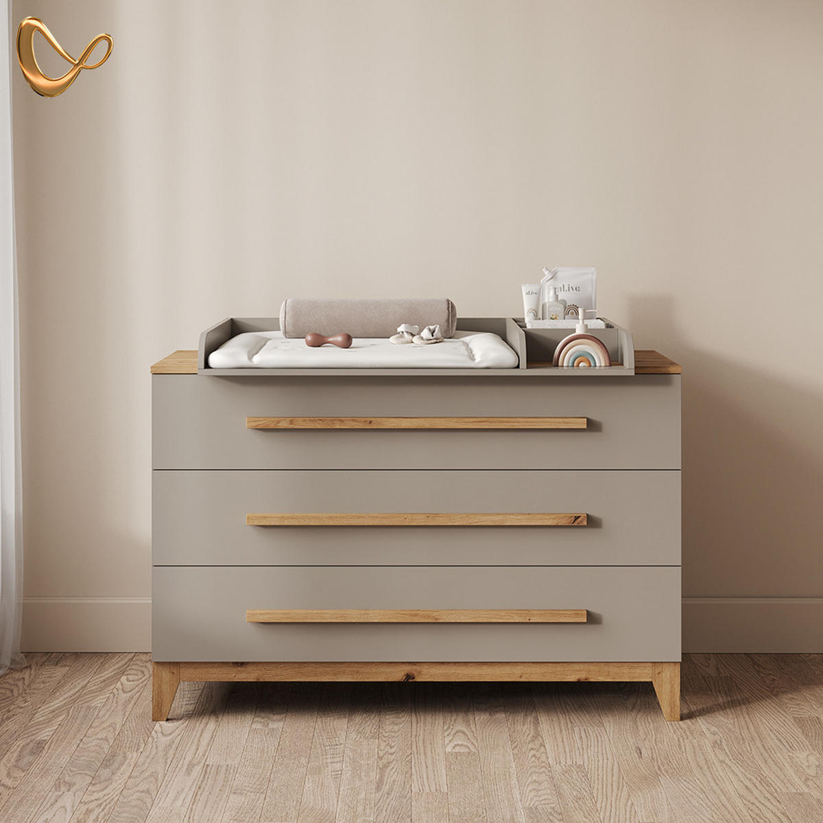 WICKELKOMMODE Mailo Cashmere/Artisan XL mit 3 Schubladen - Kaschmir/Eiche Artisan, Holzwerkstoff (133/98/70cm) - Livinity®