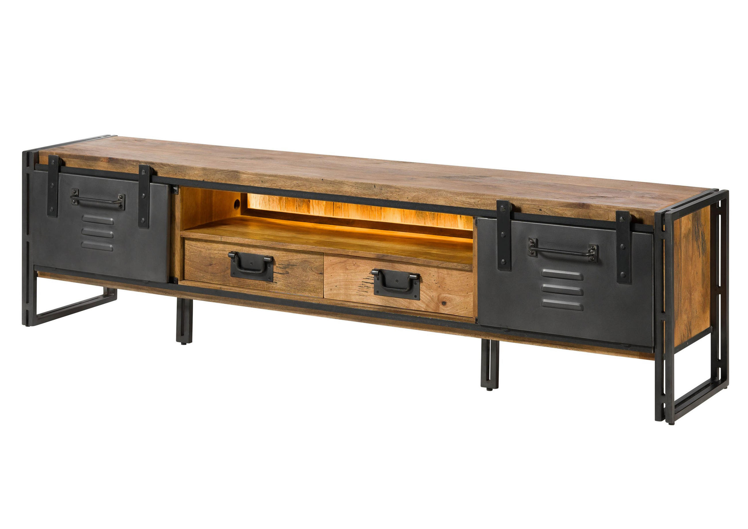 TV-BOARD Mango / Altholz 220x45x55 natur / grau lackiert / Metall grau BLACKBURN LUX #412 - Naturfarben, Holz (220/55/45cm) - Massivmoebel24