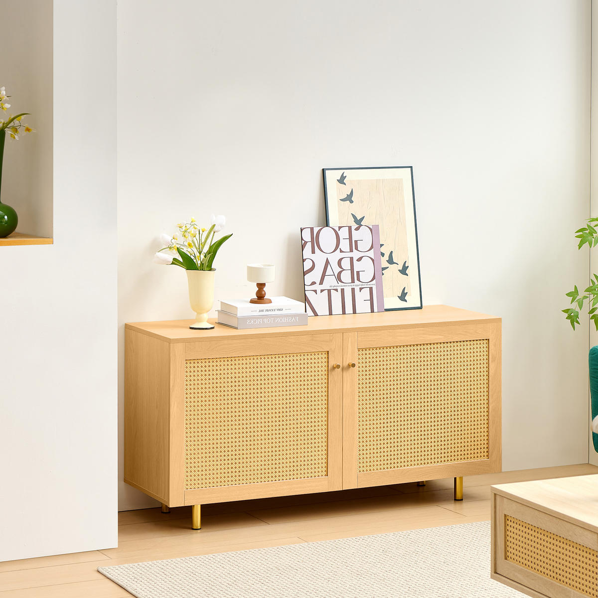 SIDEBOARD 120/40/63 cm mit Rattantüren in Naturholzoptik - Naturfarben, Holzwerkstoff (120/63/40cm) - BEAOK