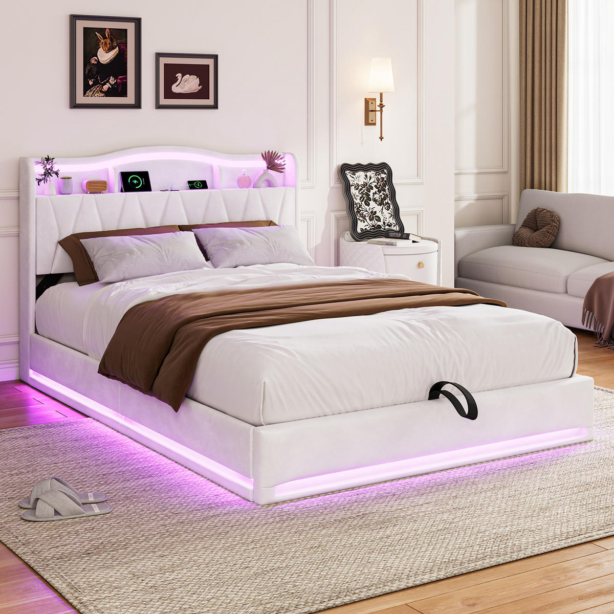 ČALÚNENÁ posteľ 140/200 cm béžová s úložným priestorom, LED a USB - krémová, drevo - SHOPENTRA