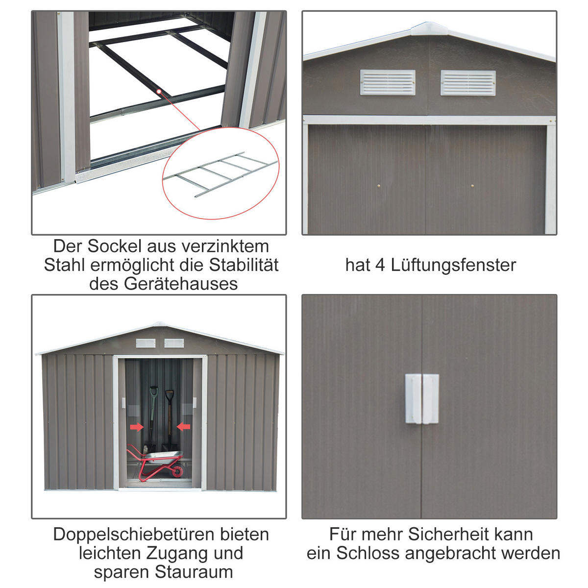 GERÄTEHAUS mit Fundament, Geräteschuppen, Gartenhaus, Garten Schuppen, Metall, Grau - Grau, Metall (195/192/277cm) - Outsunny