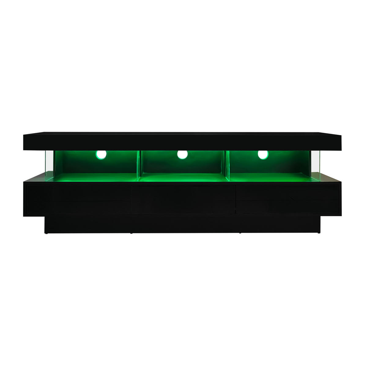 TV-LOWBOARD aus Spanplatte 160x38x50,5 cm Schwarz Hochglanz mit LED-Beleuchtung, Bluetooth-App-Steuerung und 3 Glasfächern - Schwarz, Holzwerkstoff (160/50.5/38cm) - Modfu
