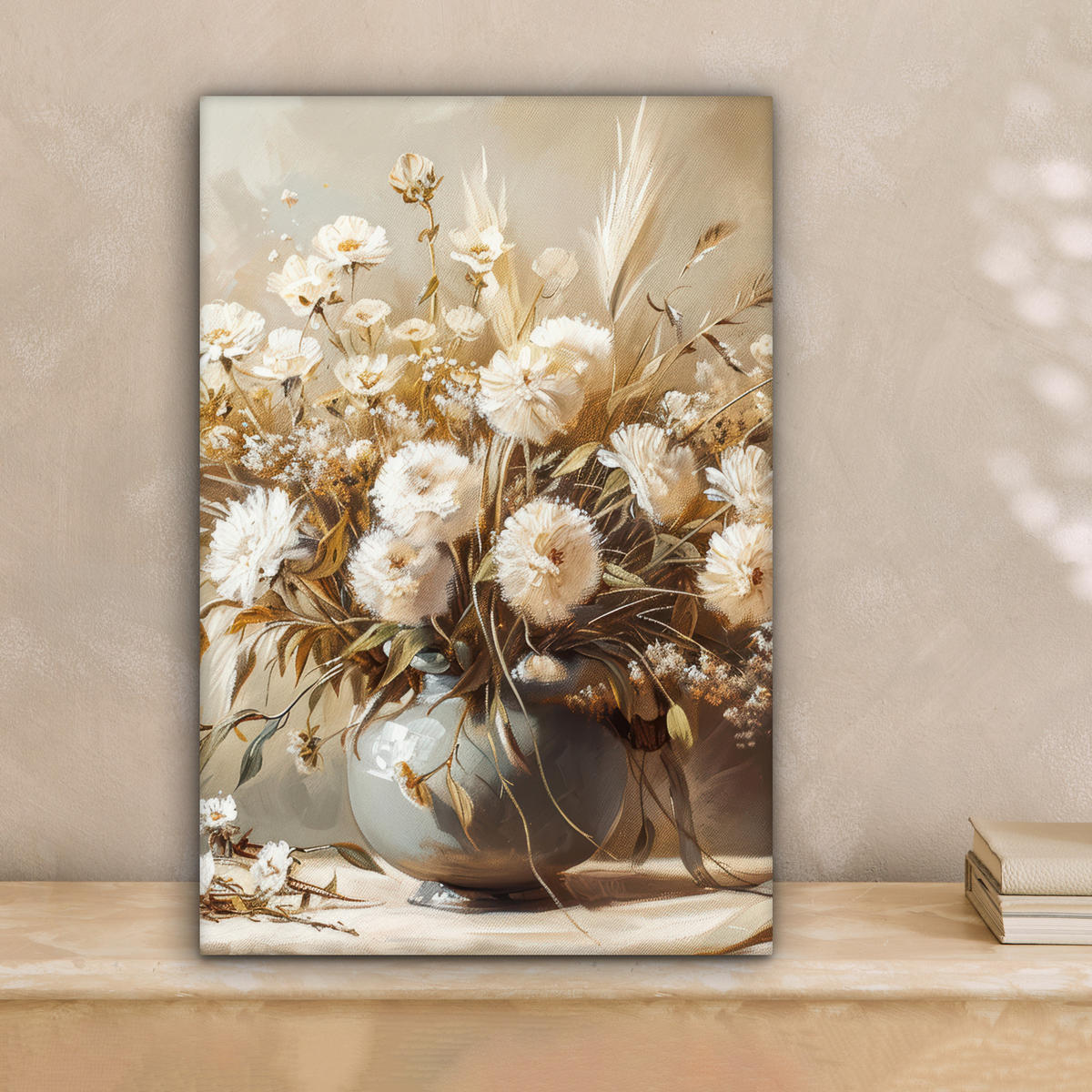 LEINWANDBILD Blumen - Vase - Stilleben - Beige 20x30 cm - Creme, Textil (20/30cm) - MuchoWow