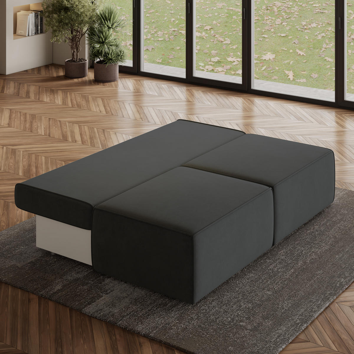 ECKSOFA VARNA M Schwarz Velours-Stoff mit Schlaffunktion - Schwarz, Holz (196/158cm) - MASSENO