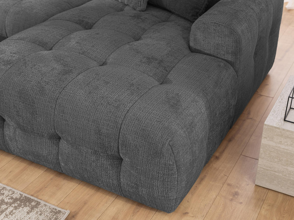 WOHNLANDSCHAFT inkl. Hocker Kozy im Bumpy-Design mit Schlaffunktion und fester Rückenlehne aus weichem Grau Chenille-Stoff - Schwarz/Grau, Holz/Kunststoff (323/79/161cm) - S-Style Möbel