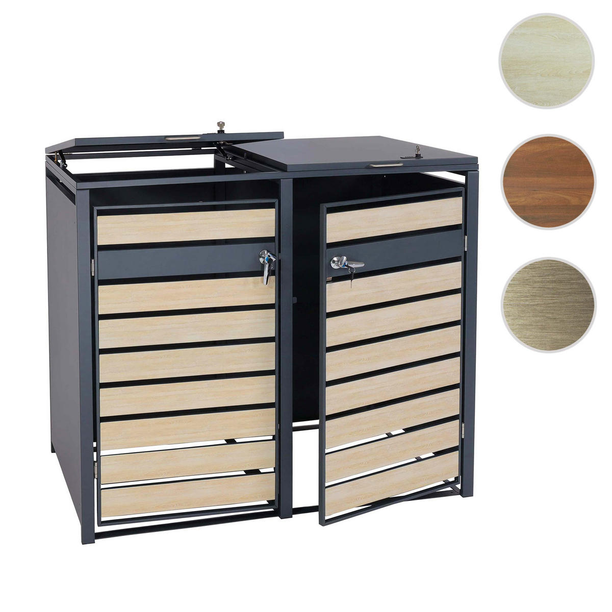 MÜLLTONNENBOX 2er 117x132x80cm Anthrazit Kirsche-Holzoptik Dunkelbraun - Kirschbaumfarben, Metall (132/117/80cm) - PROREGAL