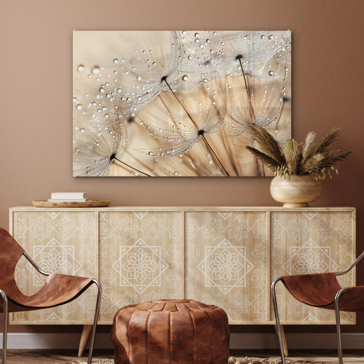 ACRYLGLASBILD Löwenzahn - Abstrakt - Natur - Beige 90x60 cm - Braun, Glas (90/60cm) - MuchoWow