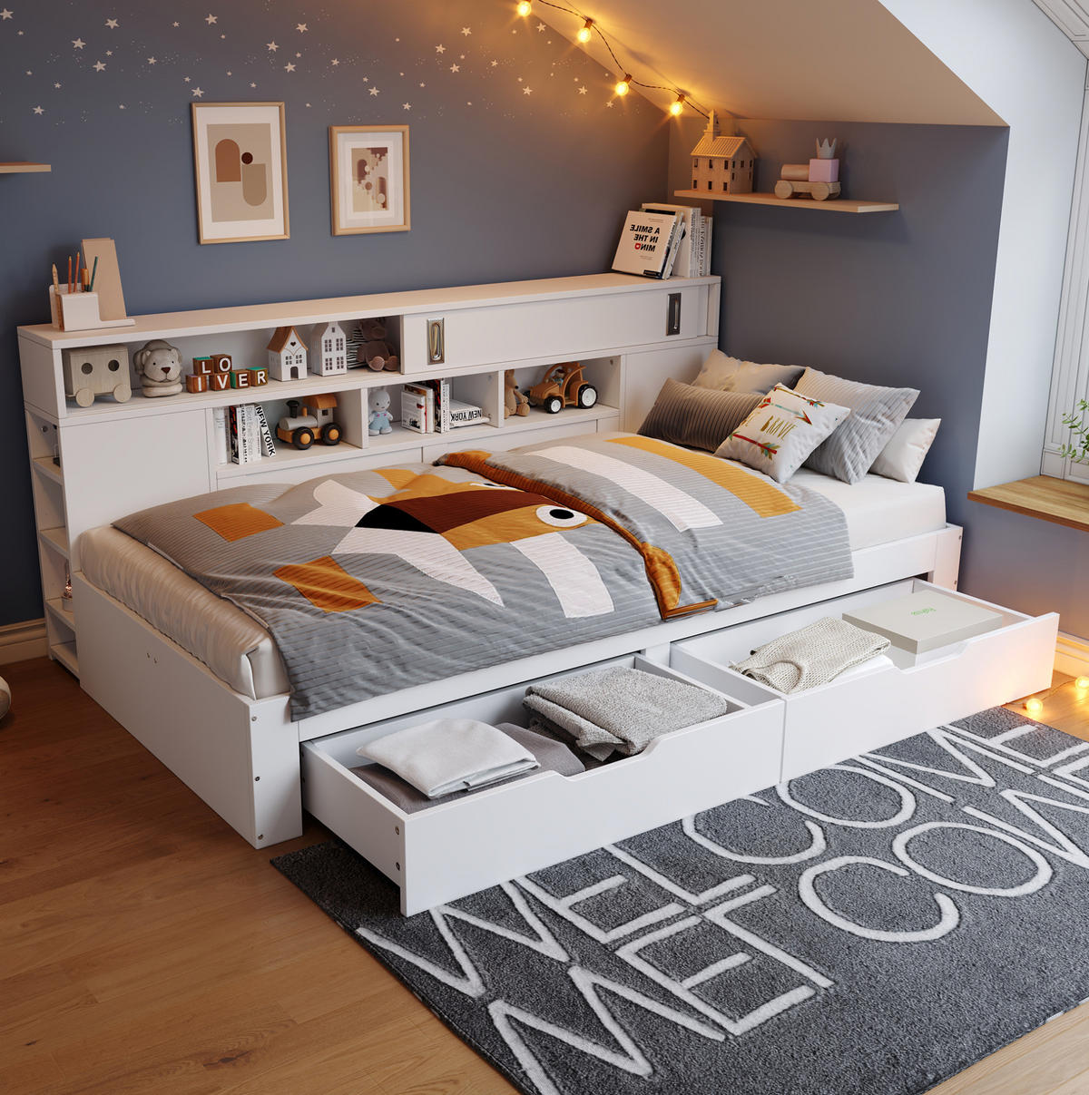 KINDER-TAGESBETT 90/190 cm Weiß aus MDF mit 2 Schubladen, Schiebetüren und Regalen - Weiß, Holzwerkstoff (90/190cm) - OKMYHOME
