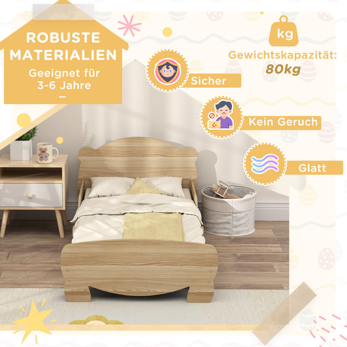 KINDERBETT, Naturholz, MDF, 143,5L x 80B x 55H cm - Naturfarben, Holzwerkstoff - AIYAPLAY