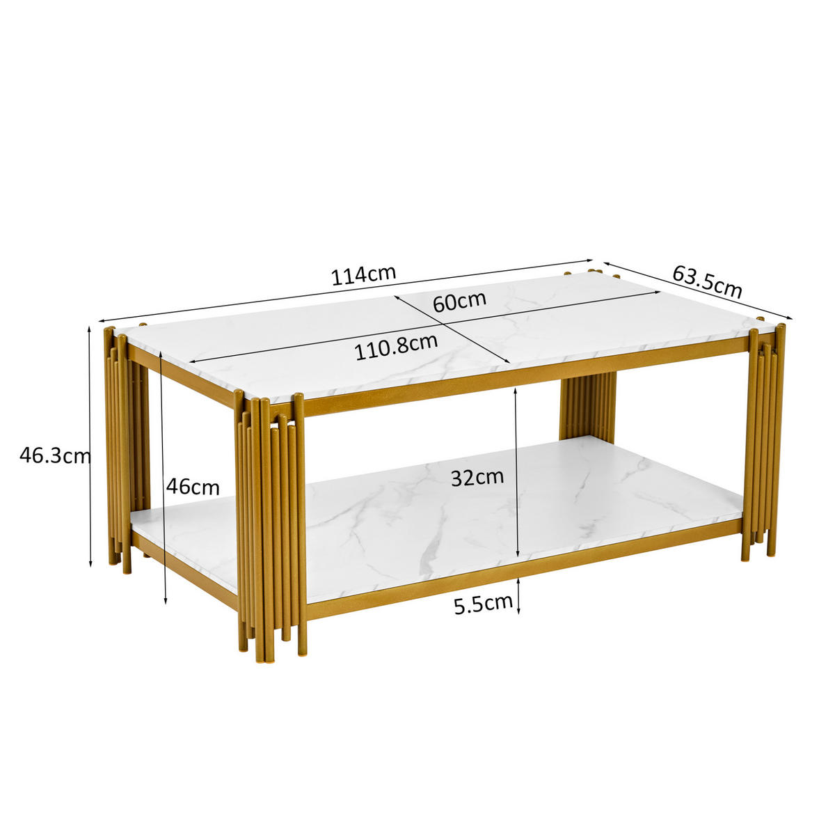KLUBSKA miza iz MDF-ja in kovine, 114/64/46 cm bela/zlata z 2 policama - bela, leseni material (114/64/46cm) - BEAOK