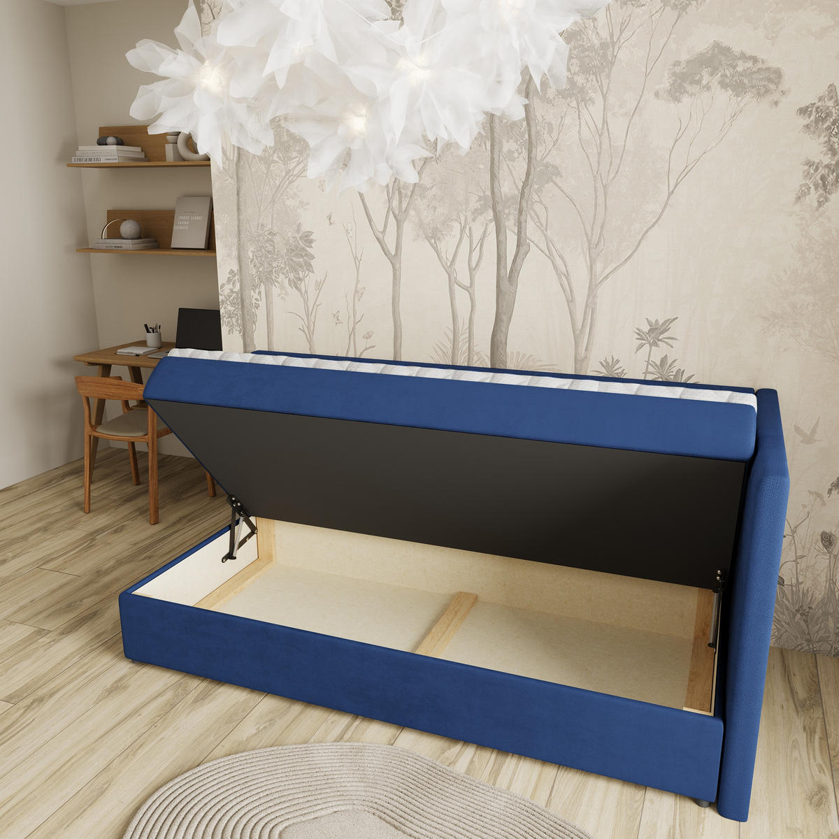 BOXBETT ARIS 80x200 cm mit Matratze und Topper, H2+H3 - Blau - Blau, Holz (80/200cm) - MASSENO