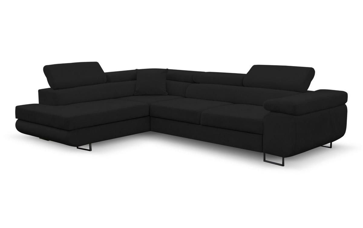 ECKSOFA Jerry in L-Form mit Schlaffunktion und Bettkasten, Farbe: Schwarz, Veloursstoff, Ottomane Links - Schwarz, Textil (202/275cm) - VENASI MÖBEL