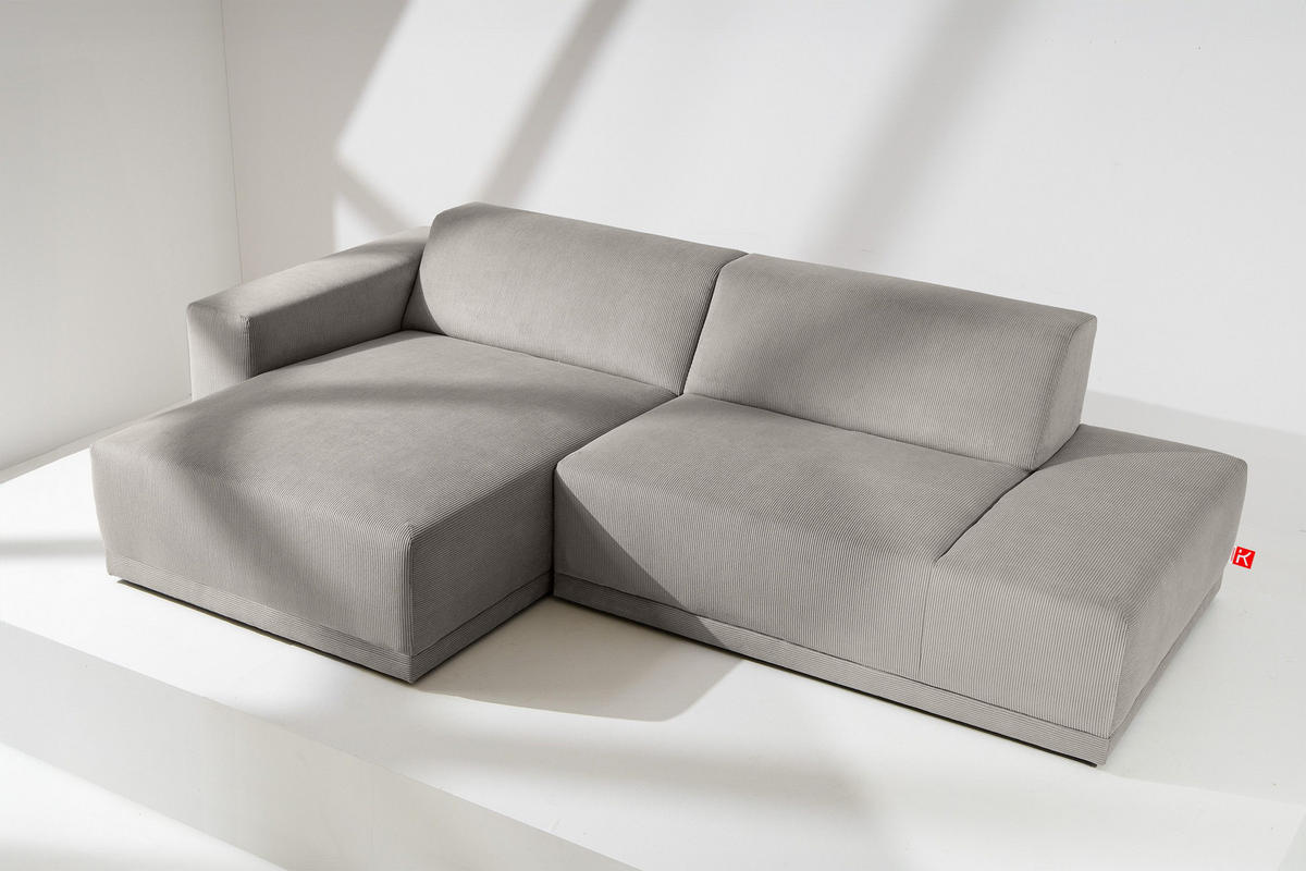 ECKSOFA-LINKS MUDI in moderner Optik mit hochwertigem Kaltschaum, Cord-Stoff, hellgrau - Hellgrau/Schwarz, Textil (280/160cm) - KONSIMO®