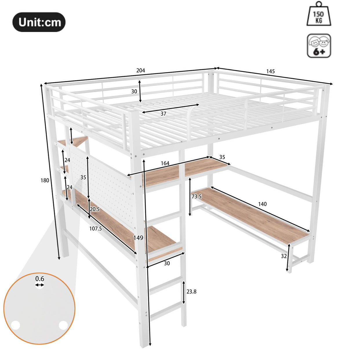 HOCHBETT aus Metall 140x200 cm Weiß mit Schreibtisch, Regalen, LED-Leiste und USB-C-Anschluss - Weiß, Metall (90/200cm) - IVMEU