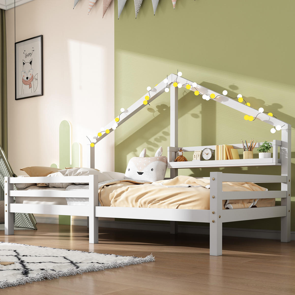 KINDERBETT 90/200 cm aus Kiefernholz mit Bücherregal und Rundum-Schutz, Weiß - Weiß, Holzwerkstoff (90/200cm) - Redom
