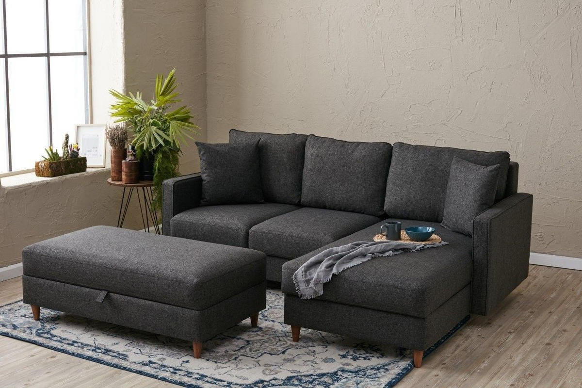 ECKSOFA mit Hocker, Schlaffläche - Anthrazit/Walnussfarben, Holz/Kunststoff (155/210cm) - myHomelando
