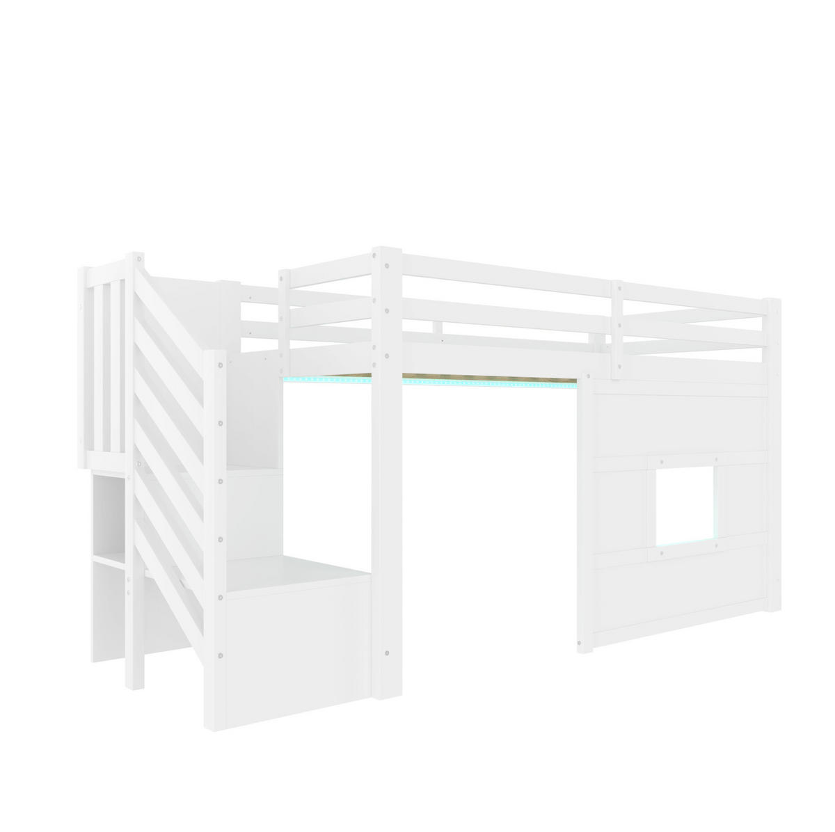 HOCHBETT mit Stauraumtreppe und LED 90x200 cm Weiß - Weiß, Holzwerkstoff (90/200cm) - Beauniv