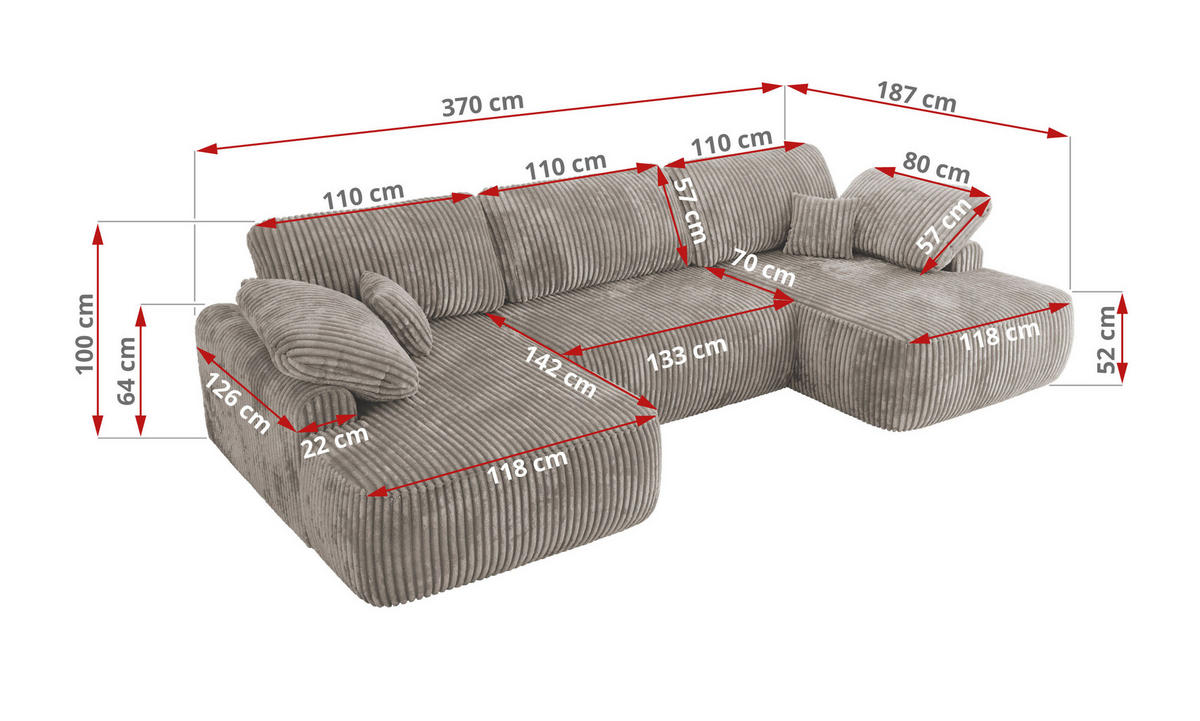 WOHNLANDSCHAFT CUBO U Hellbraun Cord - Hellbraun/Schwarz, Kunststoff/Textil (370/100/187cm) - MKS