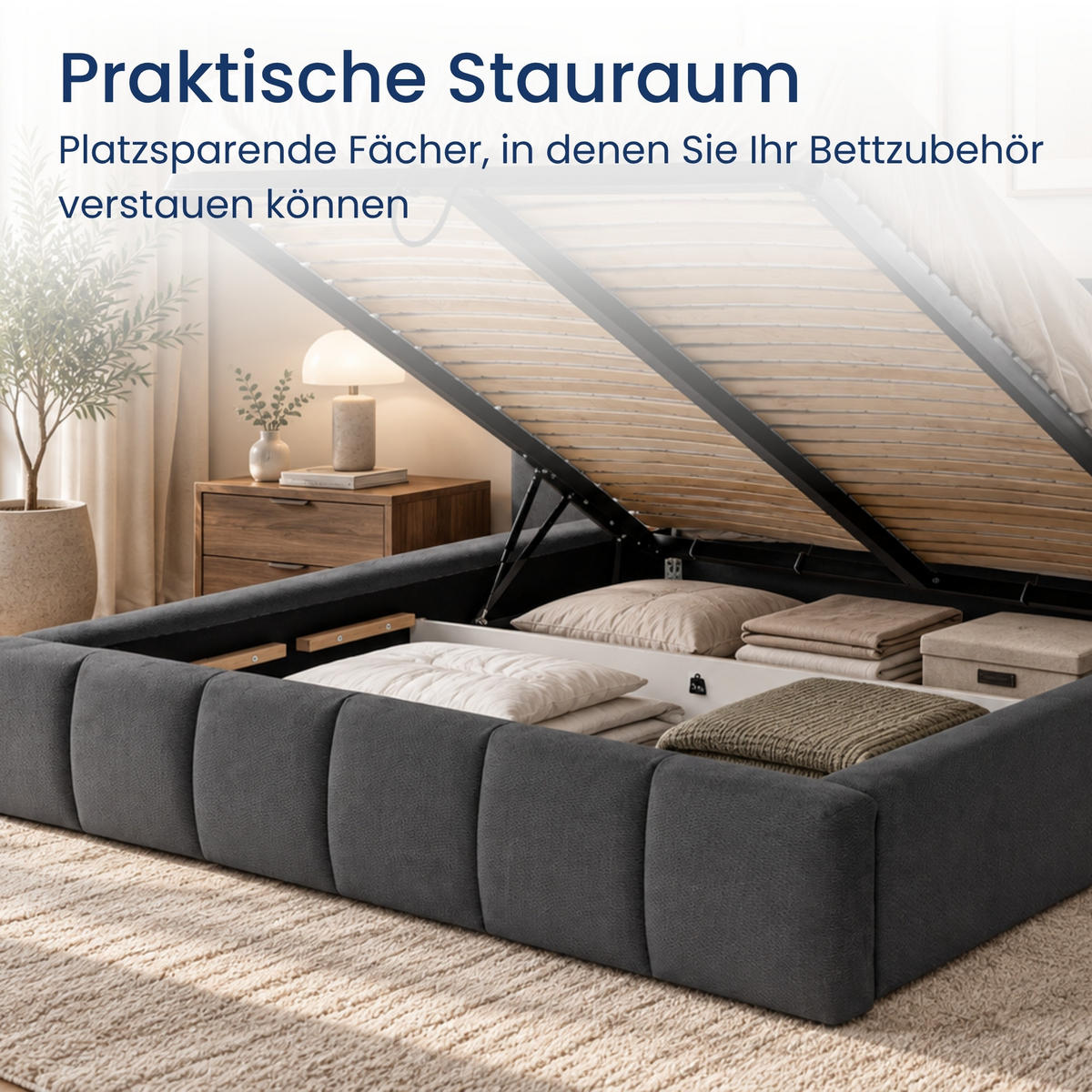 POLSTERBETT mit Stauraum 180x200 cm in Dunkelgrau - Dunkelgrau, Textil (180/200cm) - Home Collective