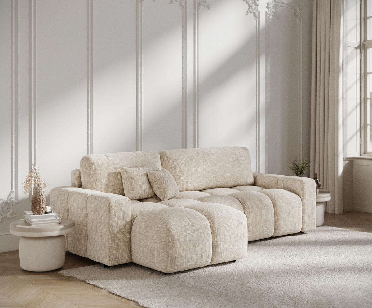 ECKSOFA MIT SCHLAFFUNKTION Ucci Creme Webstoff - Creme/Schwarz, Holz/Holzwerkstoff (233/142cm) - Maison de Reve