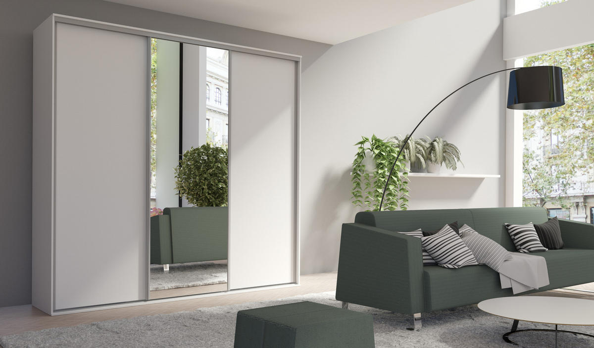 SCHIEBETÜRENSCHRANK - Kleiderschrank BORA 254 mit Spiegel - Weiß - Weiß, Holzwerkstoff (254/244/62cm) - Möblo