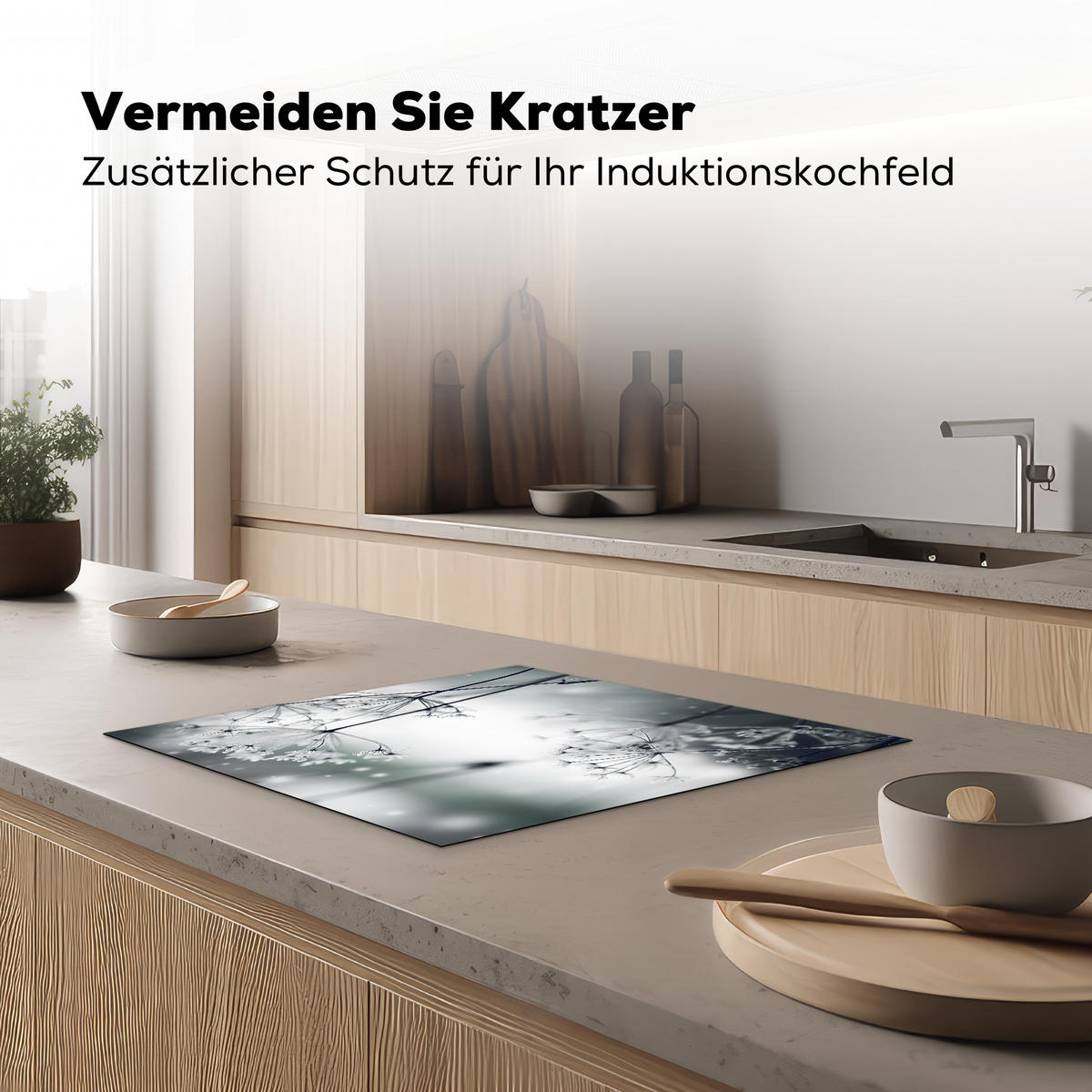 HERDABDECKPLATTE Blumen - Winter - Schnee - Natur Ceranfeldabdeckung 59x52 cm - Grau, Kunststoff (59/52/0.2cm) - MuchoWow