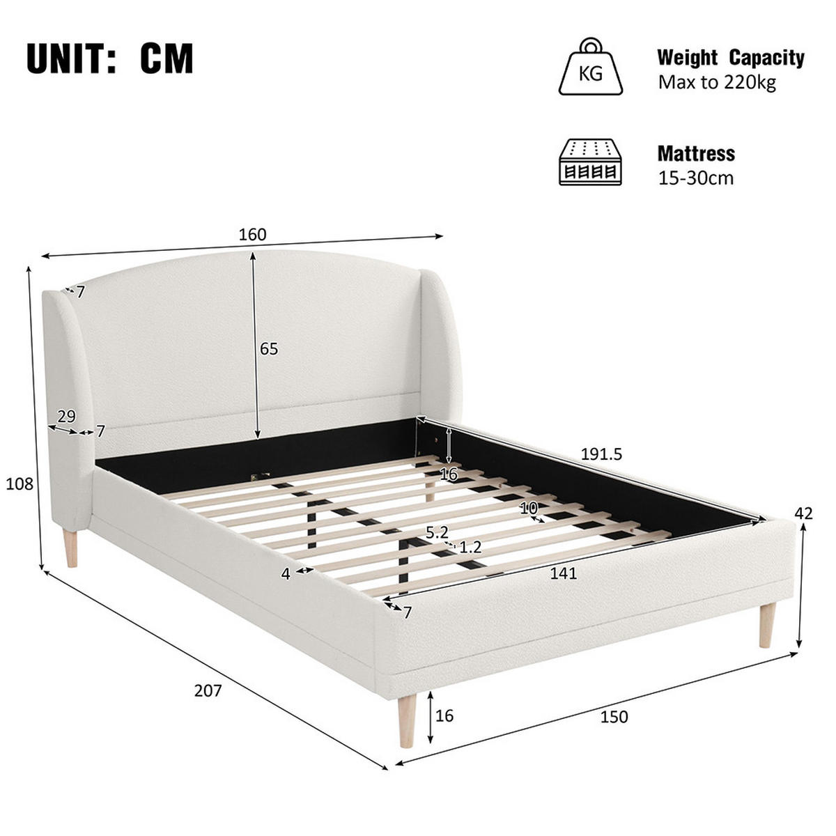 POLSTERBETT 140×190cm mit Lattenrost,Elfenbeinfarben - Weiß, Textil (140/190cm) - KOMHTOM