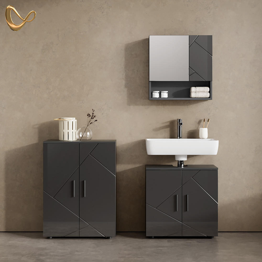 BADMÖBEL-SET Ronco Anthrazit Hochglanz 3 Teile, mit Unterschrank 60 cm - Schwarz Hochglanz/Anthrazit, Holzwerkstoff (60/81/30cm) - Livinity®