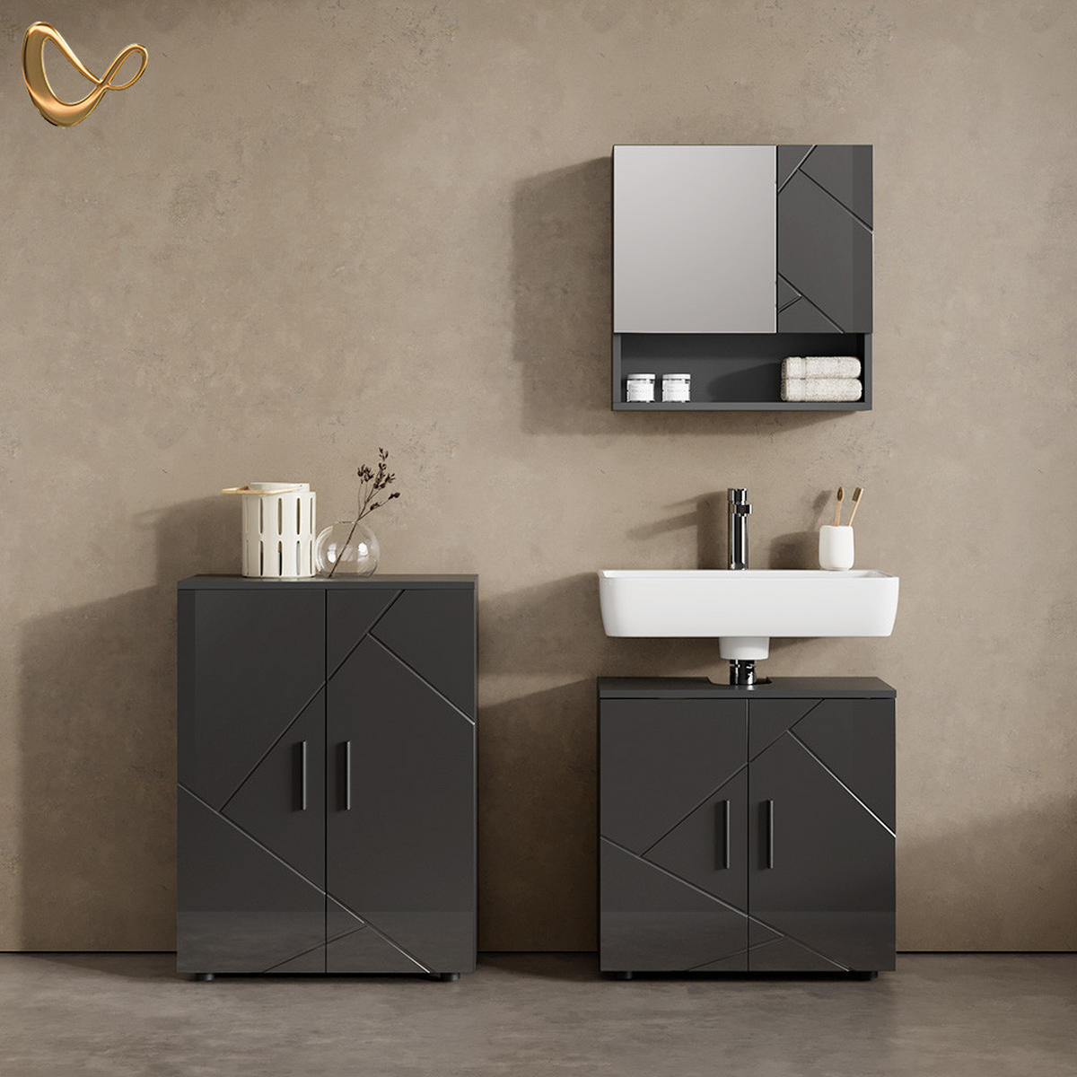 BADMÖBEL-SET Ronco Anthrazit Hochglanz 3 Teile, mit Unterschrank 60 cm - Schwarz Hochglanz/Anthrazit, Holzwerkstoff (60/81/30cm) - Livinity®