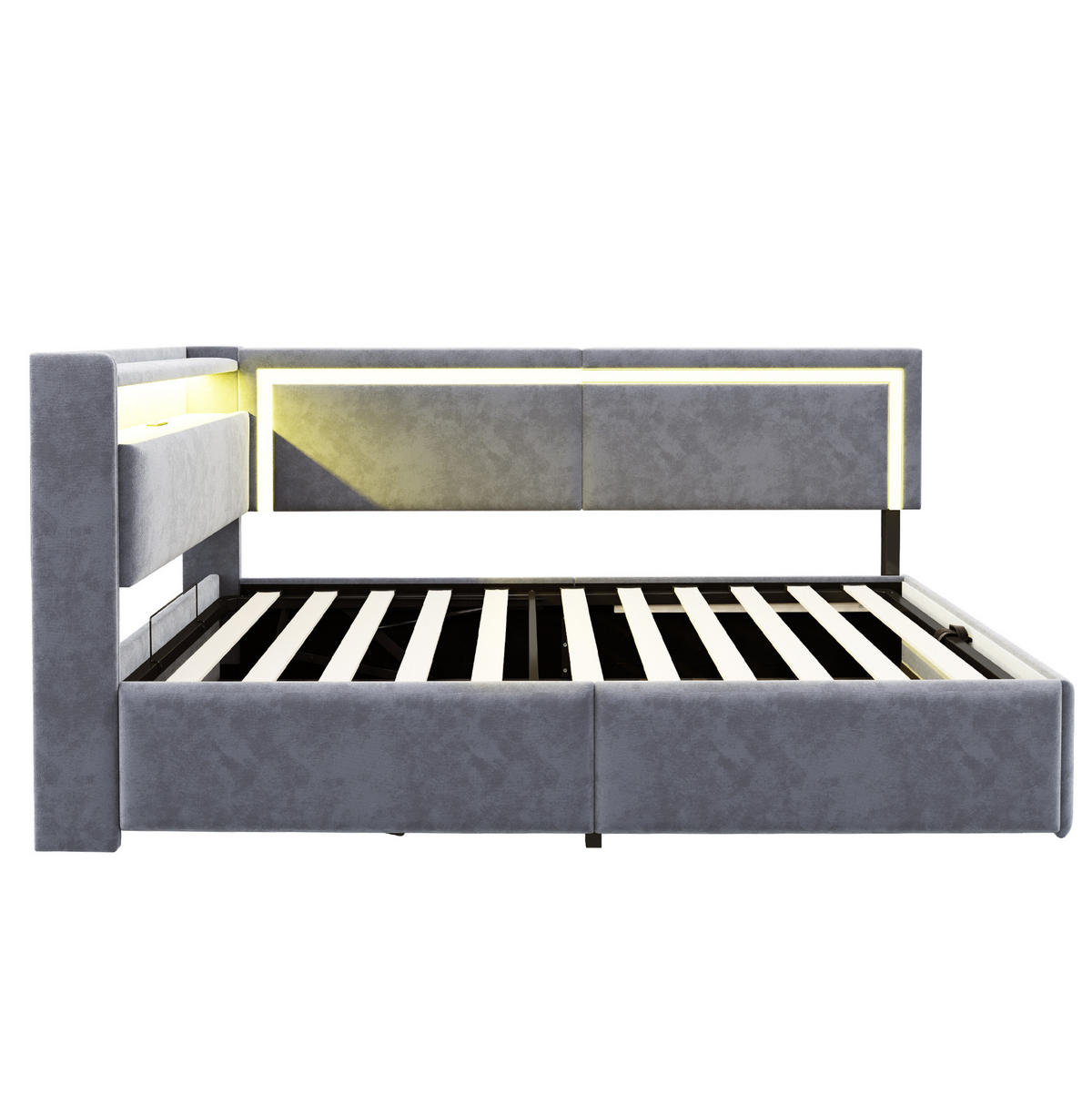 POLSTERBETT aus Samt 90x200 cm Hellgrau mit LED-Beleuchtung, USB-Anschluss und hydraulischem Bettkasten - Hellgrau, Textil (90/200cm) - Modfu