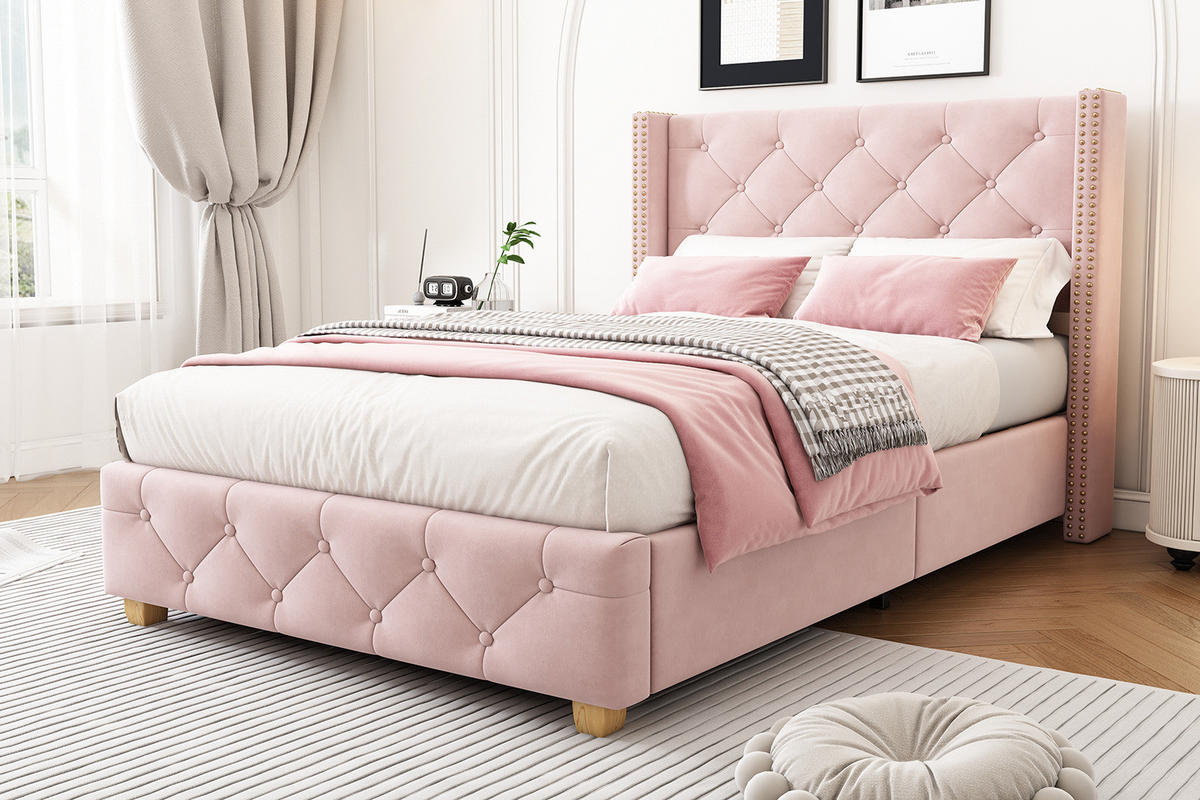 POLSTERBETT aus Samt 90x200 cm in Rosa mit Lattenrost - Rosa, Textil (90/200cm) - Modfu