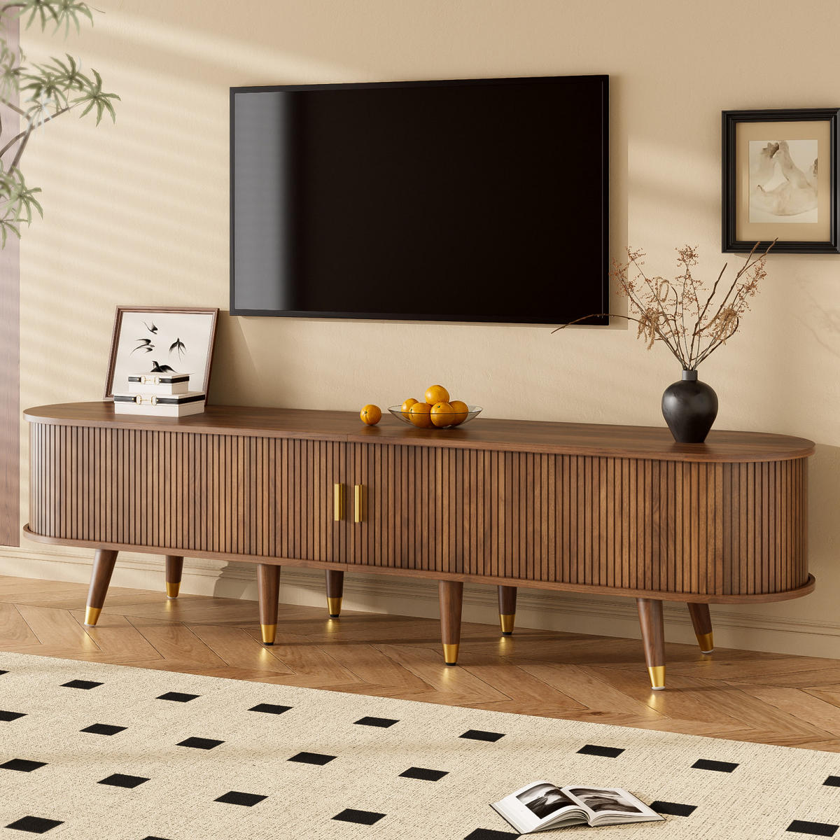 TV Lowboard 175 cm, Nussbaumoptik, Rattan-Schiebetür, Stauraum - Braun, Holz (175/45/38cm)