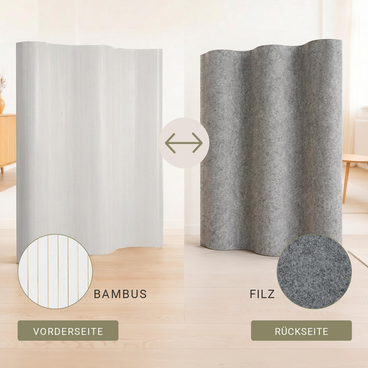 PARAVENT 250/200 cm Weiß Raumteiler Bambus - Weiß, Naturmaterialen (250/195/0.3cm) - Homestyle4u