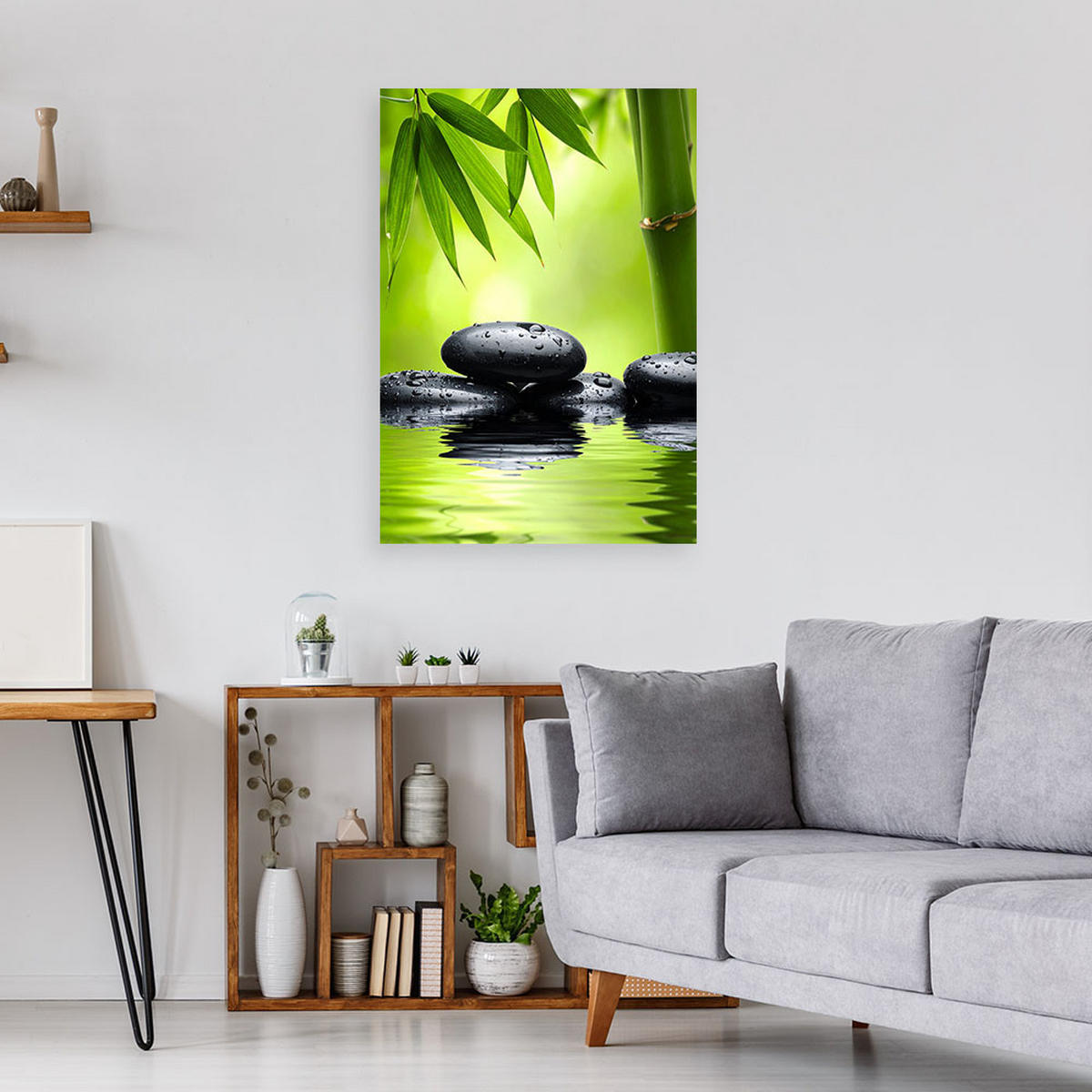 BILD auf Leinwand, Schwarze Steine Pflanzen Zen-Spa - Grün, Textil (60/90cm) - Feeby