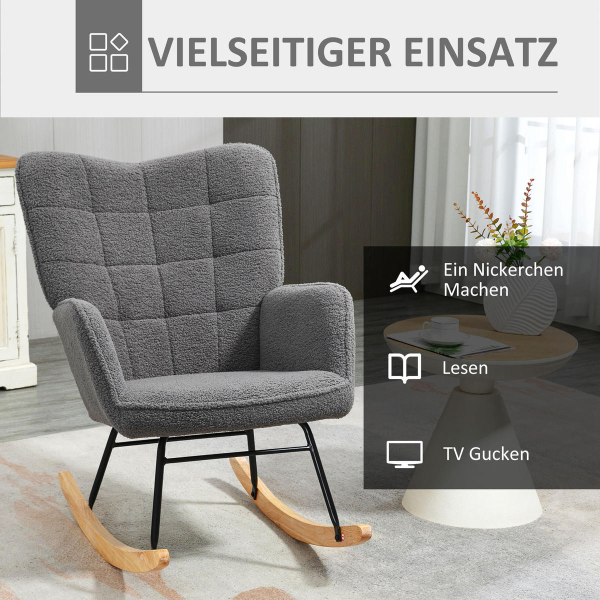 SCHAUKELSTUHL Sessel Relaxsessel bis 120 kg, Polyester, Grau 92x71x101cm - Dunkelgrau/Naturfarben, Buchenholz/Textil (98/101/71cm) - HOMCOM