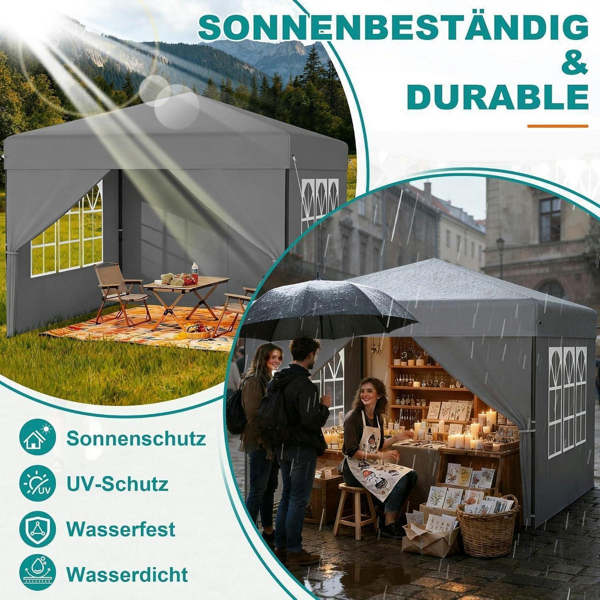FALTPAVILLON 2,5 x 2,5 m Silbergrau mit Seitenwänden - Grau, Textil (250/260/250cm)