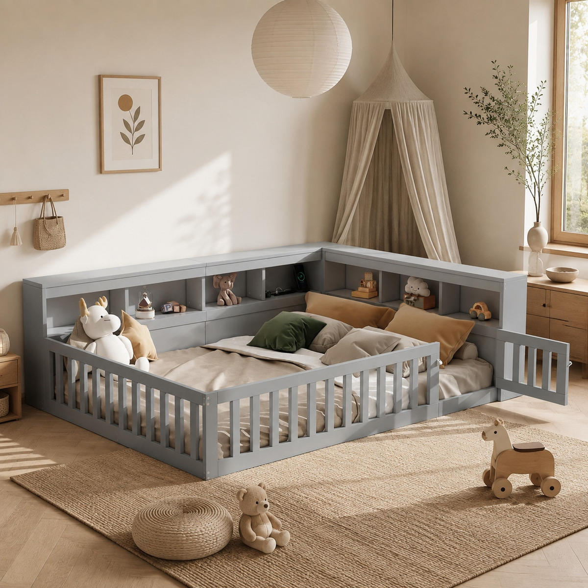 BETT 140/190 mit Stauraum, Steckdose und USB in Grau - Grau, Holzwerkstoff (140/190cm) - EVRYAE