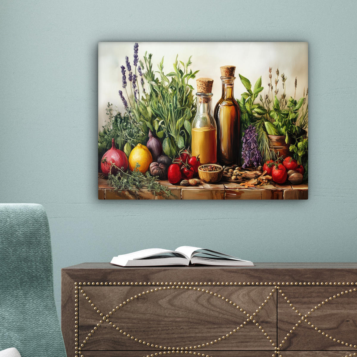 LEINWANDBILD Stilleben - Kräuter - Gewürze - Früchte - Farbenfroh Wandbild 40x30 cm - Grün, Textil (40/30cm) - MuchoWow